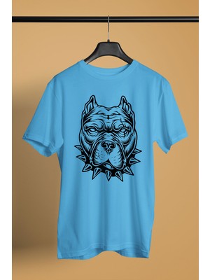 Darkhane Tasmalı Pitbull -Baskılı Unisex Turkuaz Tişört - T-Shirt UT003