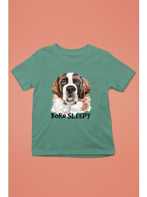 Darkhane Uyumak Için Doğmuş Saint Bernard -Baskılı Unisex Su Yeşili Çocuk Tişört - T-Shirt CT001