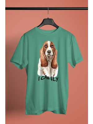 Darkhane Uçabilirim Base Basset Hound -Baskılı Unisex Su Yeşili Tişört - T-Shirt UT001