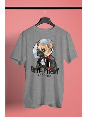 Darkhane Vampir Bulldog -Baskılı Unisex Gri Tişört - T-Shirt UT006