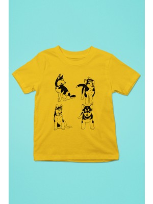 Darkhane Yavru Sibirya Kurdu Husky Haski -Baskılı Unisex Sarı Çocuk Tişört - T-Shirt CT004