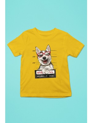 Darkhane Sabıkalı Suçlu Sibirya Kurdu Husky Haski -Baskılı Unisex Sarı Çocuk Tişört - T-Shirt CT004