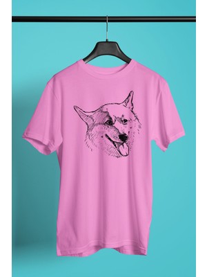 Darkhane Sibirya Kurdu Husky Haski Eskizi -Baskılı Unisex Pembe Tişört - T-Shirt UT002