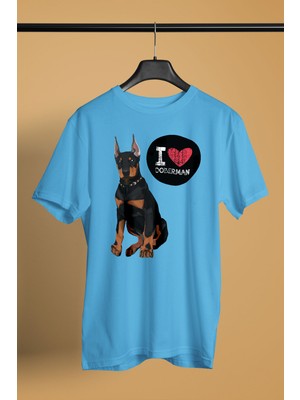 Darkhane Dobermanları Seviyorum -  Baskılı Unisex Turkuaz Tişört - T-Shirt UT003