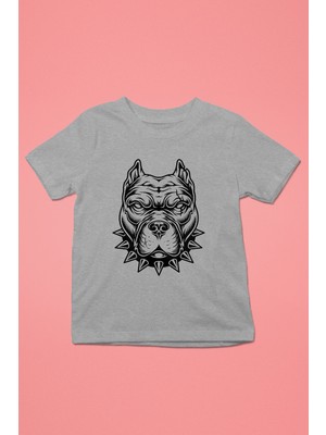 Darkhane Tasmalı Pitbull -Baskılı Unisex Gri Melanj Çocuk Tişört - T-Shirt CT006