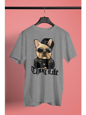Darkhane Thug Life Bulldog -Baskılı Unisex Gri Tişört - T-Shirt UT006