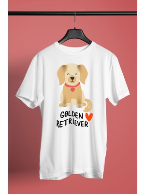Darkhane Sevimli Golden Retriever -Baskılı Unisex Beyaz Tişört - T-Shirt UT007