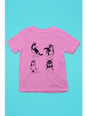 Darkhane Yavru Sibirya Kurdu Husky Haski -Baskılı Unisex Pembe Çocuk Tişört - T-Shirt CT002