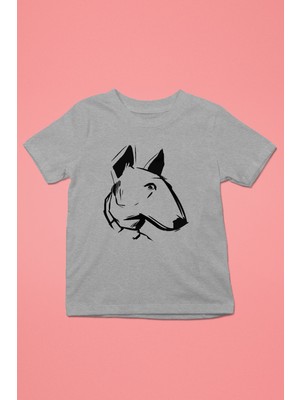 Darkhane Çizim Bull Teriyer -Baskılı Unisex Gri Melanj Çocuk Tişört - T-Shirt CT006
