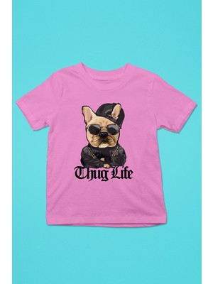 Darkhane Thug Life Bulldog -Baskılı Unisex Pembe Çocuk Tişört - T-Shirt CT002