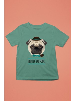 Darkhane Hipster Pug - Baskılı Unisex Su Yeşili Çocuk Tişört - T-Shirt CT001