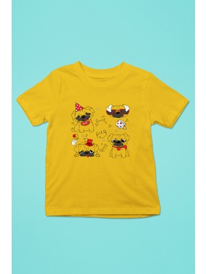 Darkhane Huysuz Parti Canavarı Pug -Baskılı Unisex Sarı Çocuk Tişört - T-Shirt CT004