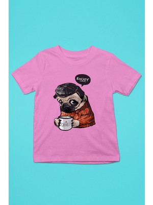 Darkhane Kahve Seven Pug - Baskılı Unisex Pembe Çocuk Tişört - T-Shirt CT002