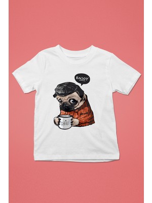 Darkhane Kahve Seven Pug - Baskılı Unisex Beyaz Çocuk Tişört - T-Shirt CT007
