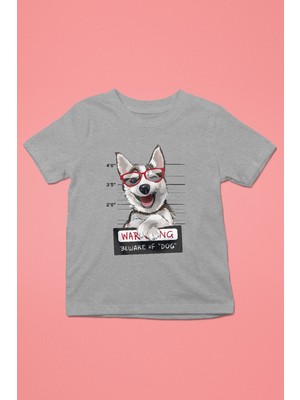 Darkhane Sabıkalı Suçlu Sibirya Kurdu Husky Haski -Baskılı Unisex Gri Melanj Çocuk Tişört - T-Shirt CT006
