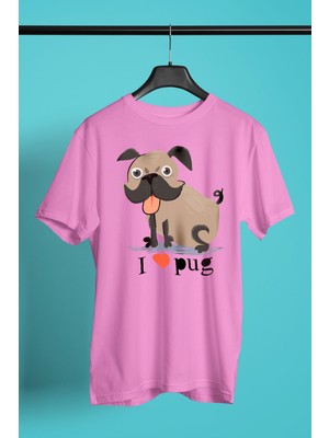 Darkhane Palabıyıklı Pug - Baskılı Unisex Pembe Tişört - T-Shirt UT002