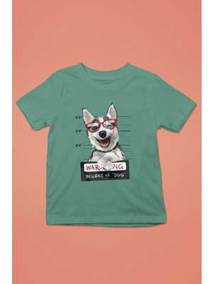 Darkhane Sabıkalı Suçlu Sibirya Kurdu Husky Haski -Baskılı Unisex Su Yeşili Çocuk Tişört - T-Shirt CT001