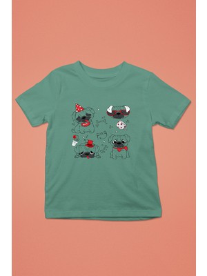 Darkhane Huysuz Parti Canavarı Pug -Baskılı Unisex Su Yeşili Çocuk Tişört - T-Shirt CT001