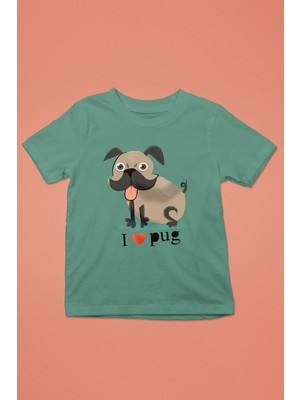 Darkhane Palabıyıklı Pug - Baskılı Unisex Su Yeşili Çocuk Tişört - T-Shirt CT001