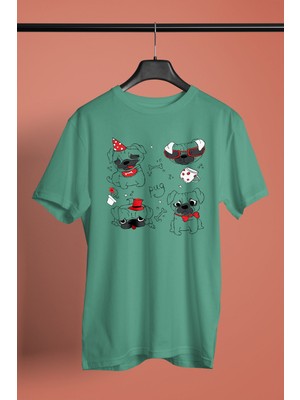 Darkhane Huysuz Parti Canavarı Pug -Baskılı Unisex Su Yeşili Tişört - T-Shirt UT001