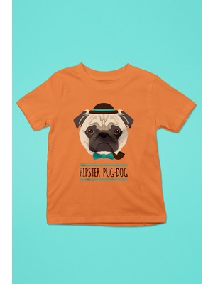 Darkhane Hipster Pug - Baskılı Unisex Turuncu Çocuk Tişört - T-Shirt CT005