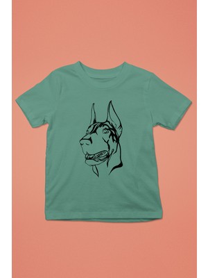 Darkhane Sadık Dost Doberman -Baskılı Unisex Su Yeşili Çocuk Tişört - T-Shirt CT001