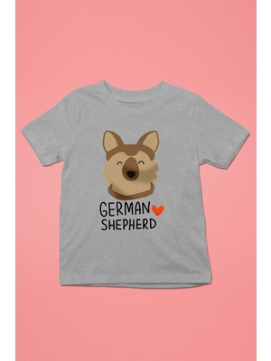 Darkhane Sevimli Alman Kurdu -Baskılı Unisex Gri Melanj Çocuk Tişört - T-Shirt CT006
