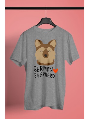 Darkhane Sevimli Alman Kurdu -Baskılı Unisex Gri Tişört - T-Shirt UT006
