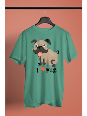 Darkhane Palabıyıklı Pug - Baskılı Unisex Su Yeşili Tişört - T-Shirt UT001