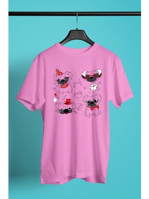 Darkhane Huysuz Parti Canavarı Pug -Baskılı Unisex Pembe Tişört - T-Shirt UT002
