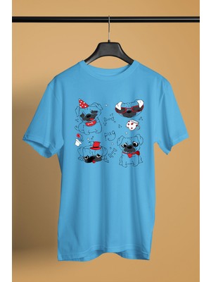 Darkhane Huysuz Parti Canavarı Pug -Baskılı Unisex Turkuaz Tişört - T-Shirt UT003