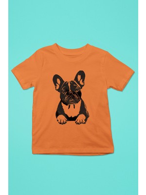 Darkhane Siyah French Buldog -Baskılı Unisex Turuncu Çocuk Tişört - T-Shirt CT005
