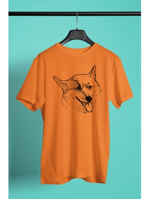 Darkhane Sibirya Kurdu Husky Haski Eskizi -Baskılı Unisex Turuncu Tişört - T-Shirt UT005