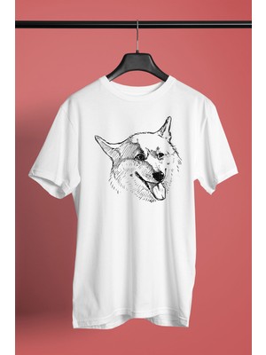 Darkhane Sibirya Kurdu Husky Haski Eskizi -Baskılı Unisex Beyaz Tişört - T-Shirt UT007