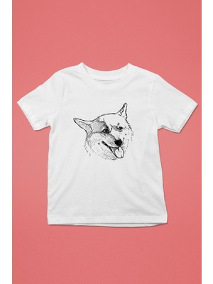 Darkhane Sibirya Kurdu Husky Haski Eskizi -Baskılı Unisex Beyaz Çocuk Tişört - T-Shirt CT007