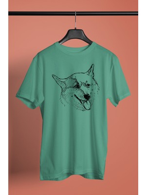 Darkhane Sibirya Kurdu Husky Haski Eskizi -Baskılı Unisex Su Yeşili Tişört - T-Shirt UT001