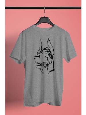 Darkhane Sadık Dost Doberman -Baskılı Unisex Gri Tişört - T-Shirt UT006