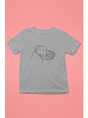 Darkhane Koruma Ağızlıklı Pitbull - Baskılı Unisex Gri Melanj Çocuk Tişört - T-Shirt CT006