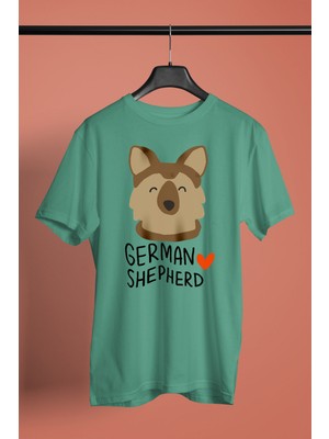 Darkhane Sevimli Alman Kurdu -Baskılı Unisex Su Yeşili Tişört - T-Shirt UT001