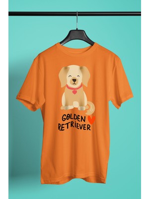 Darkhane Sevimli Golden Retriever -Baskılı Unisex Turuncu Tişört - T-Shirt UT005