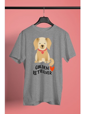 Darkhane Sevimli Golden Retriever -Baskılı Unisex Gri Tişört - T-Shirt UT006
