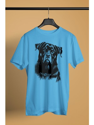 Darkhane Siyah Beyaz Rottweiler -Baskılı Unisex Turkuaz Tişört - T-Shirt UT003