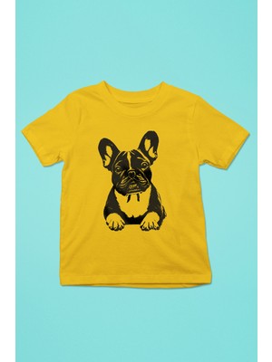 Darkhane Siyah French Buldog -Baskılı Unisex Sarı Çocuk Tişört - T-Shirt CT004