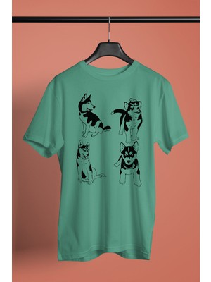 Darkhane Yavru Sibirya Kurdu Husky Haski -Baskılı Unisex Su Yeşili Tişört - T-Shirt UT001