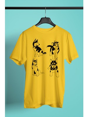 Darkhane Yavru Sibirya Kurdu Husky Haski -Baskılı Unisex Sarı Tişört - T-Shirt UT004