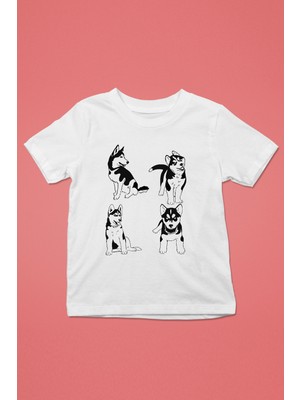 Darkhane Yavru Sibirya Kurdu Husky Haski -Baskılı Unisex Beyaz Çocuk Tişört - T-Shirt CT007