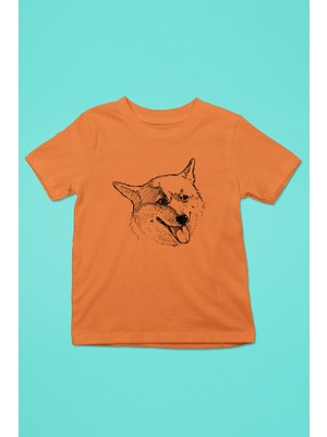 Darkhane Sibirya Kurdu Husky Haski Eskizi -Baskılı Unisex Turuncu Çocuk Tişört - T-Shirt CT005