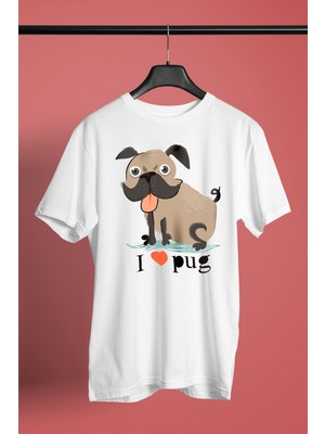 Darkhane Palabıyıklı Pug - Baskılı Unisex Beyaz Tişört - T-Shirt UT007