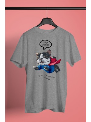 Darkhane Süper Bulldog -Baskılı Unisex Gri Tişört - T-Shirt UT006
