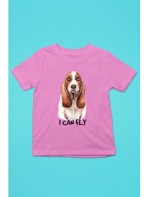 Darkhane Uçabilirim Base Basset Hound -Baskılı Unisex Pembe Çocuk Tişört - T-Shirt CT002